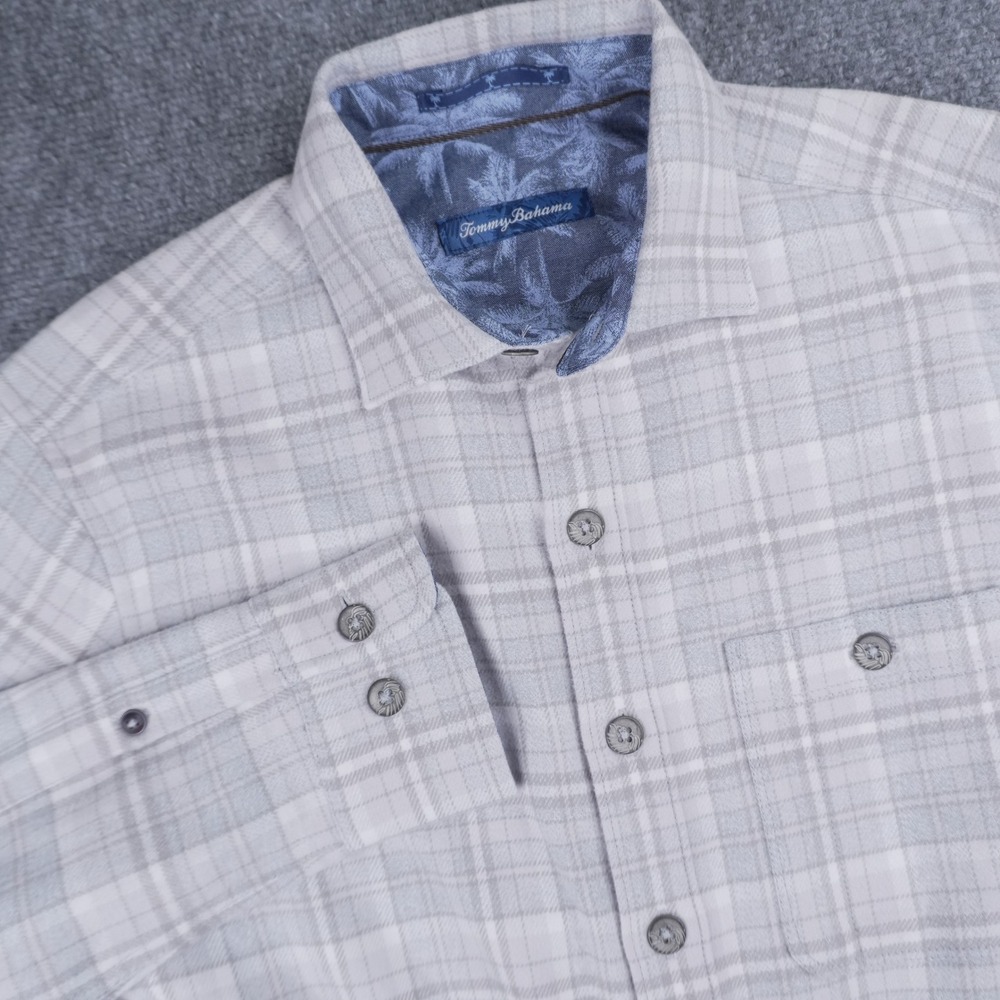 Tommy Bahama Button Down Shirt Mens XS‎ Grey Plaid Long Sleeve Tropical Pocket